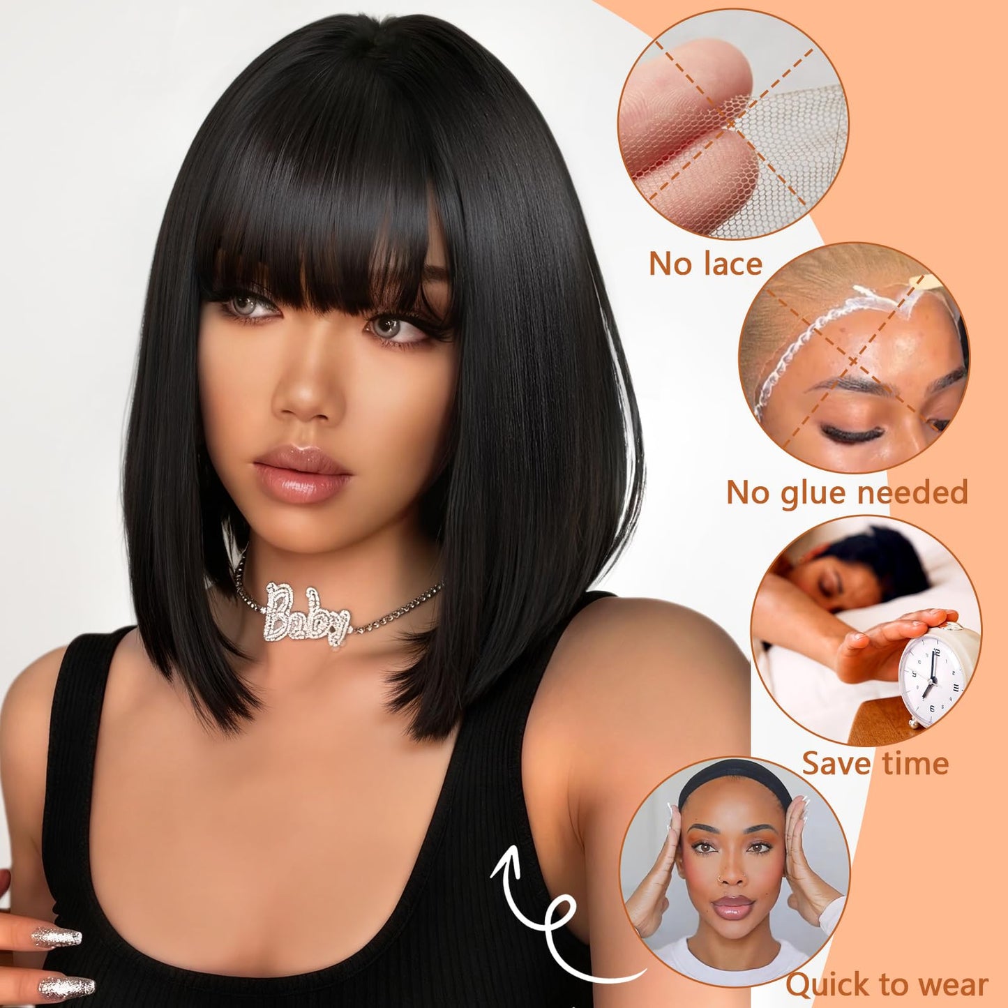 Xinjiju Black Bob Wigs Human Hair Short Wig with Bangs Straight Wigs Human Hair Glueless Wear and Go 150% Density Wigs for Women Daily Use 10Inch