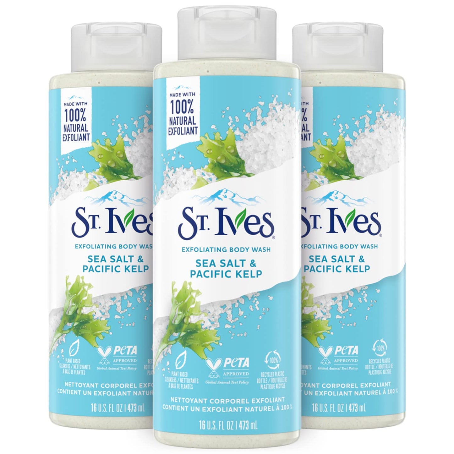 St. Ives Exfoliating Body Wash - Sea Salt & Pacific Kelp Scrub | Natural Plant-Based Formula, 16 Oz (Pack of 3)