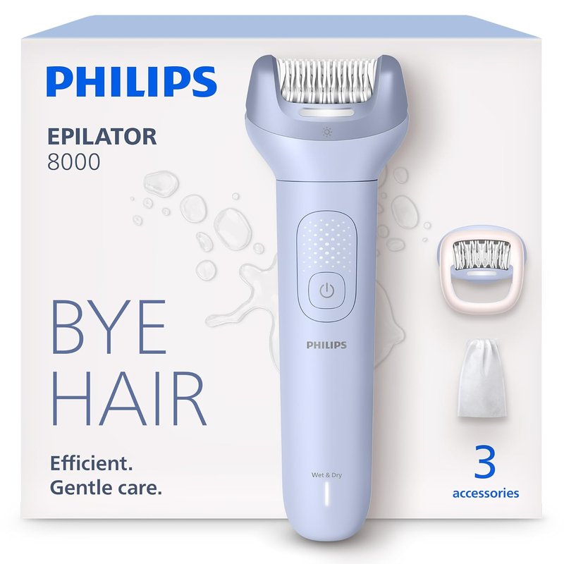 Philips Epilator Series 8000 - Cordless Wet & Dry Hair Removal Device | 60 Min Runtime, 3 Accessories, Model BRE708/00