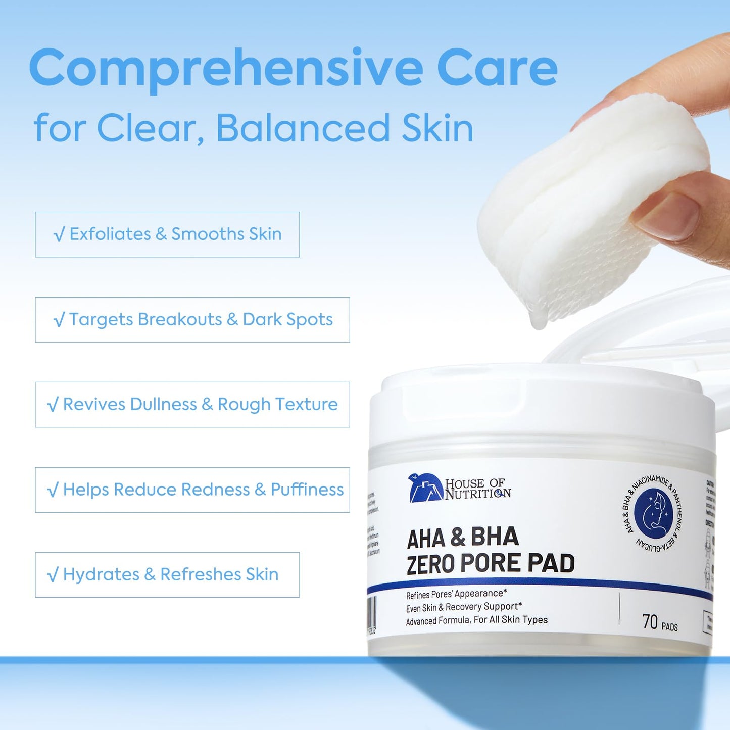 Glycolic Acid Pad with AHA & BHA, Exfoliating Toner Pads for Face – Zero Pore Refining Pads for Skin Texture, Oil Control, Acne, Dark Spots & Gentle Resurfacing, 70 Pad