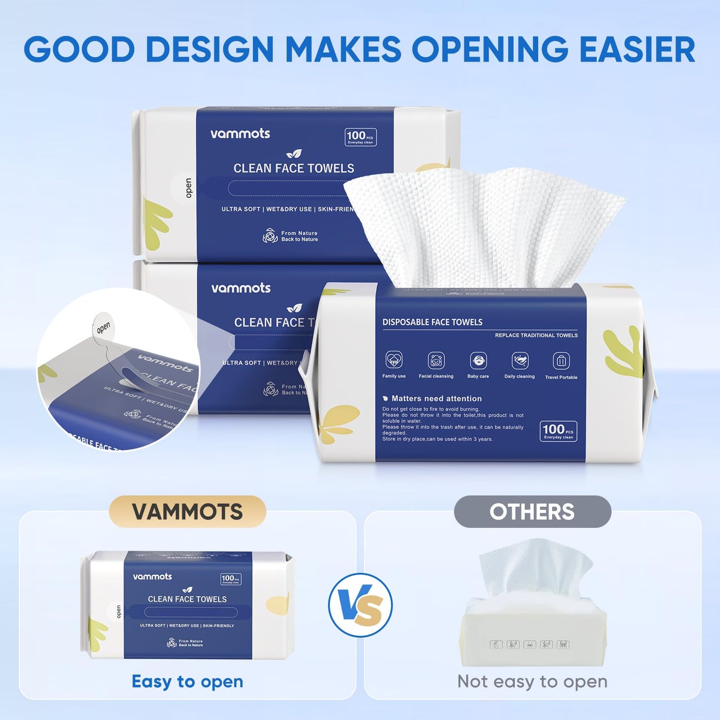 vammots Disposable Face Towels,Biodegradable Ultra Soft Washcloths for Sensitive Skin,Suitable for Facial Cleansing,Skin care and Makeup Removal,Lint-free,Trave,Daily Cleansing,300 Count