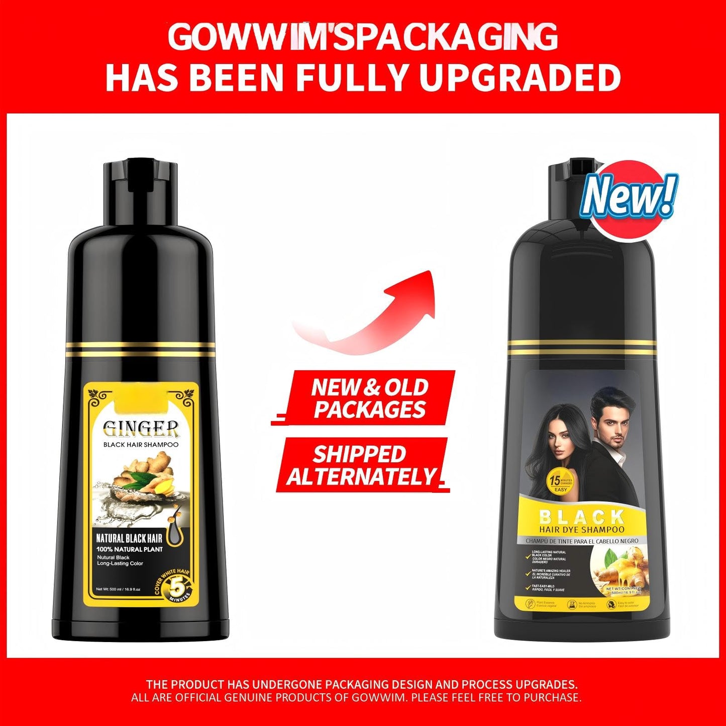 Ginger Black Semi-Permanent Hair Dye Shampoo, Instant 30-Day Color Matter, Completes in 5 Minutes - 500ml (Ginger Fragrance)