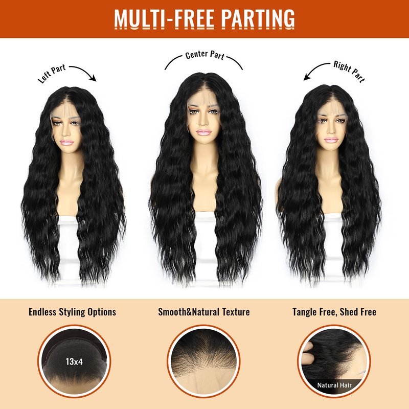 SAPPHIREWIGS 13×4 Black Lace Front Wigs Loose Wave Wig Pre Plucked Hairline Synthetic Lace Frontal Crimp Curly Wigs for Black Women Cosplay Daily Party Use 30 inch