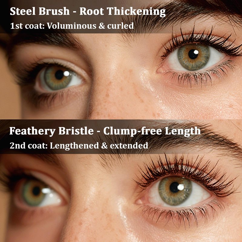 Feather Lash Iron Wand Mascara, Dual-Wing Brush Metal Mascara Wand, Primer & Topcoat 2-in-1, Extreme Waterproof, 3D Curling Volume & Length, Ideal for Swimming & All-Day Wear (Black)