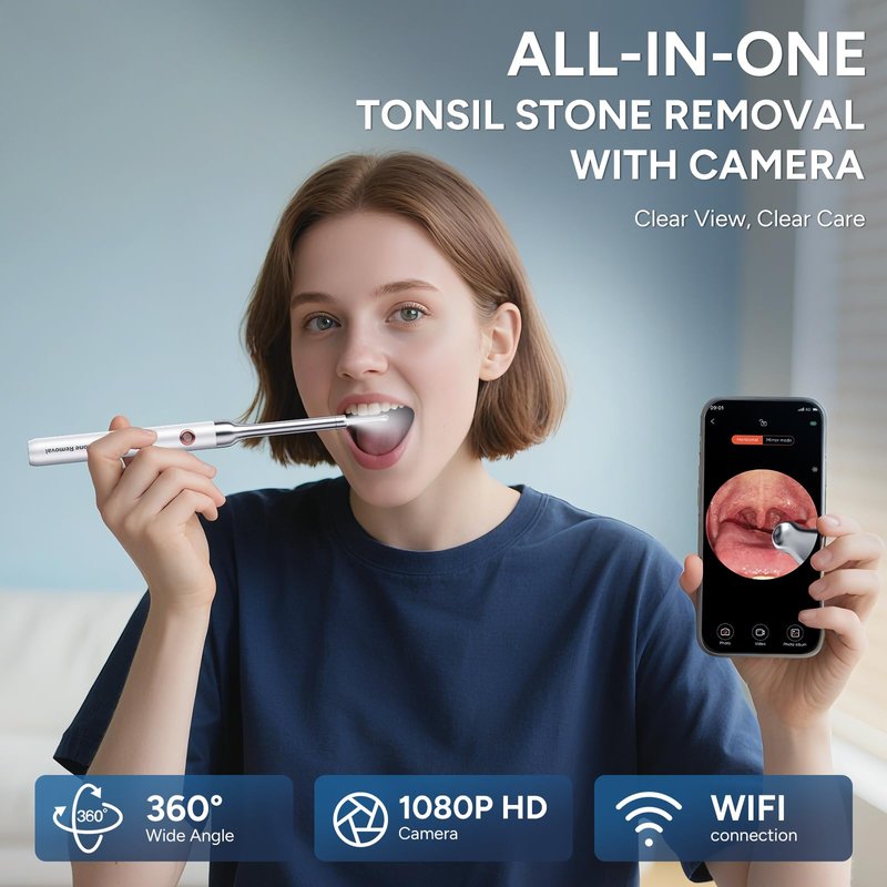 Tonsil Stone Remover with Camera - Upgraded Visual Tonsil Stone Removal Kit with 6 LED Light -Tonsil Stone Remover Tool with 1080P Camera, 5 Stainless Steel Heads, Irrigator, for iOS & Android(White)
