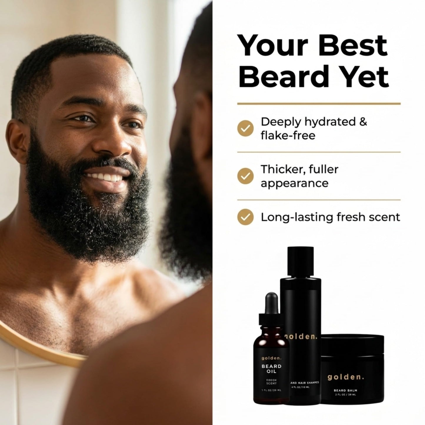Golden Grooming Beard Bundle (Regular Starter Kit) 4oz Shampoo, 2oz Balm, 1oz Oil - Fresh