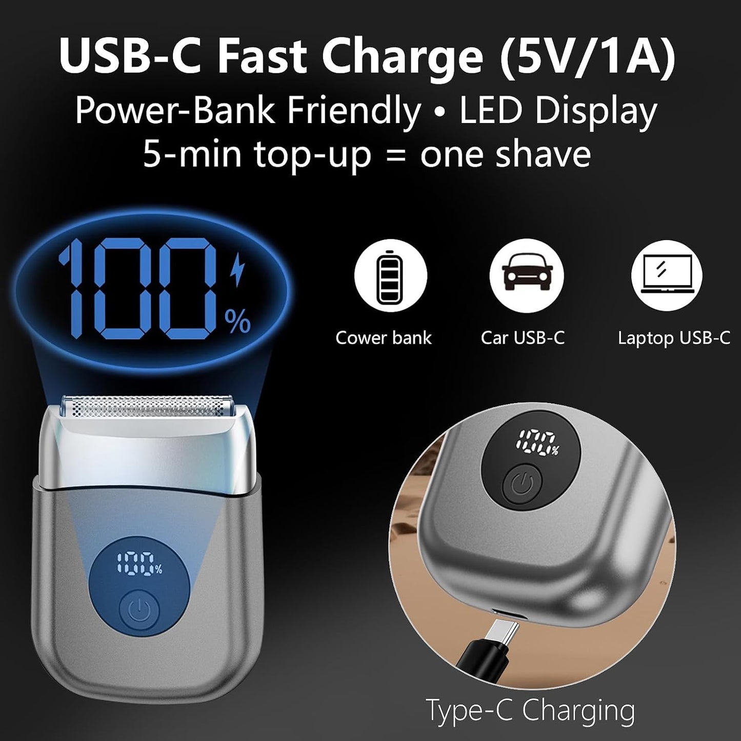 Electric Foil Shaver for Men - IPX6 Waterproof, Mini Wet/Dry, USB-C Fast Charge | Close Shave, Travel Case Included