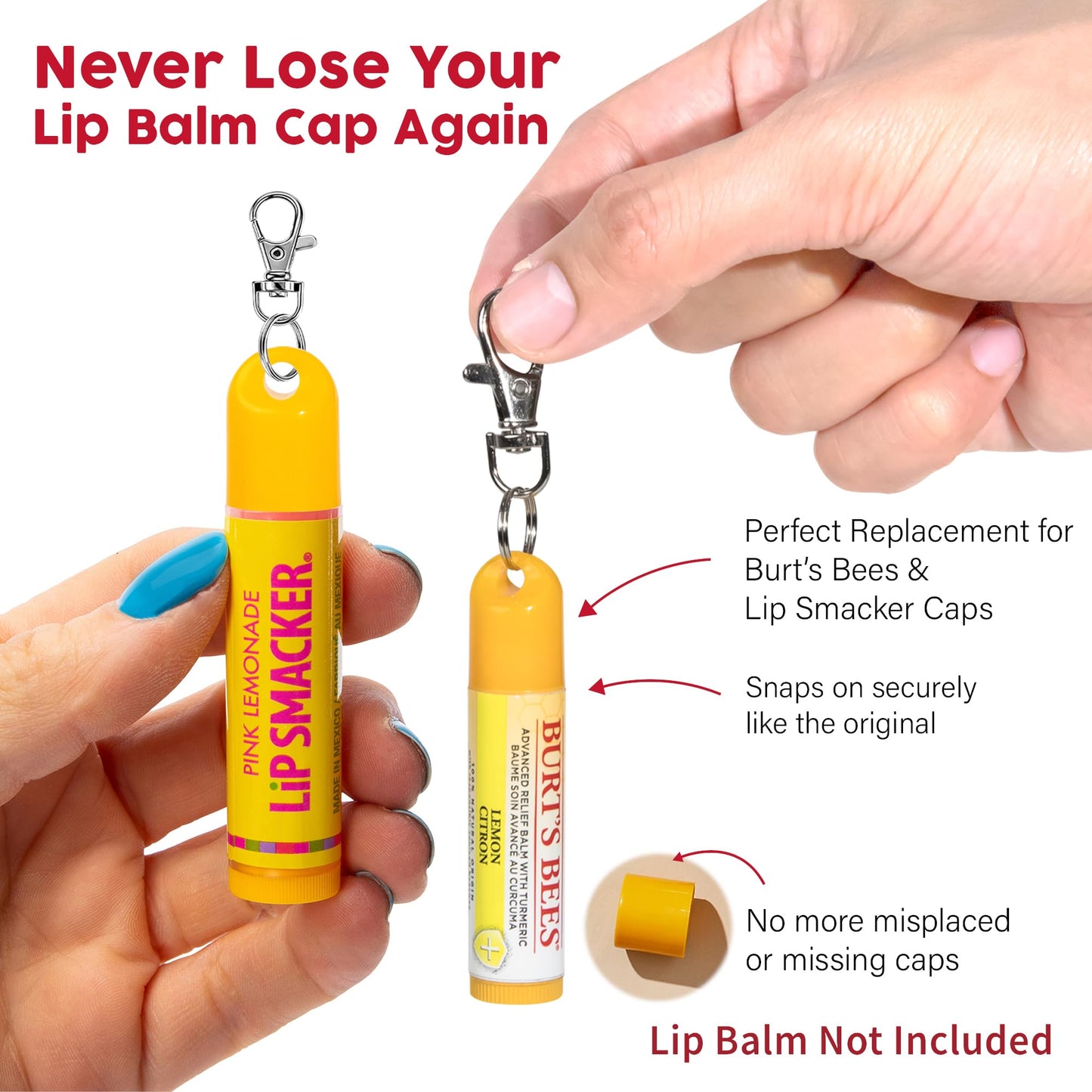 6 Pcs Keychain Cap - Chapstick Holder For Burt's Bees & Lip Smacker Lip Balm, Chapstick and Lip Balm Keychain Holder, Burt's Bees Keychain Replacement Cap,Keyring Included (Cap Only)