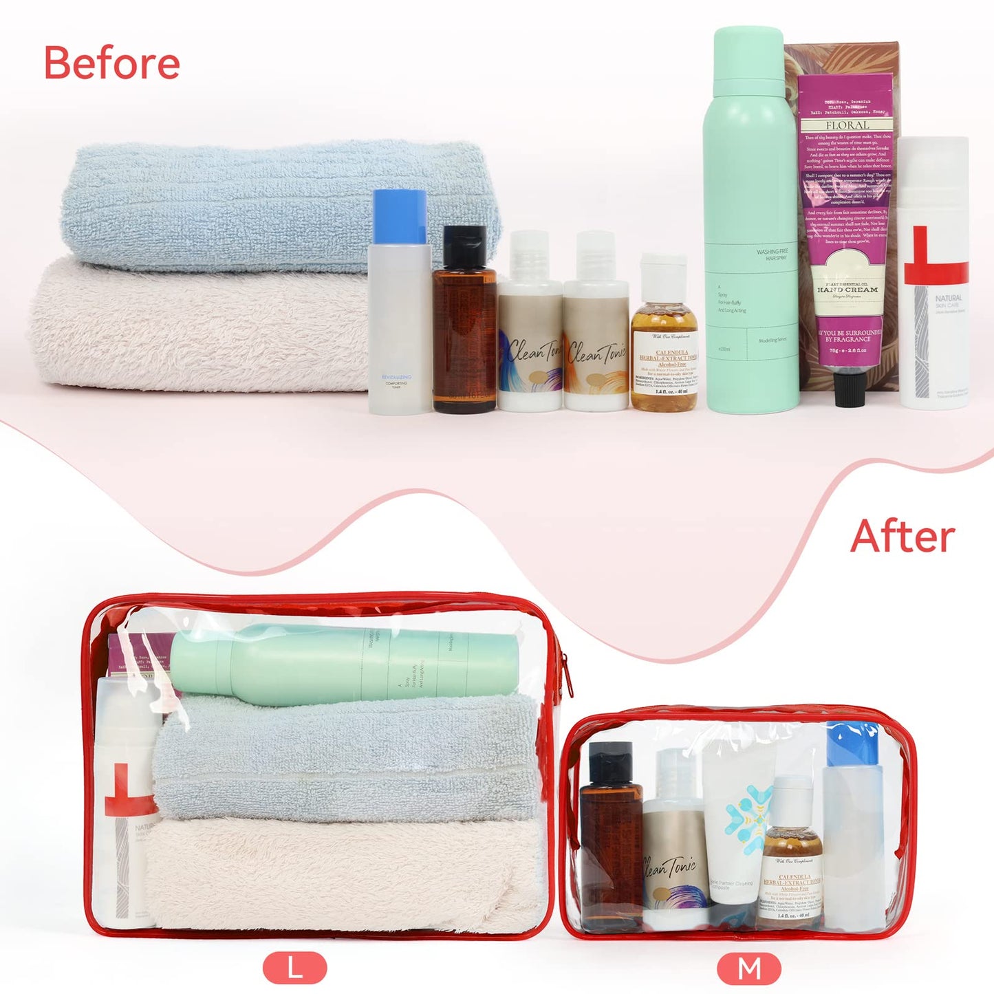 TISRATOK 12 PCS Clear Makeup Bag for Women with Zipper, TSA Approved Toiletry Pouch, Cosmetic Bag Bulk for Travel Organizer Essentials - Red, Medium