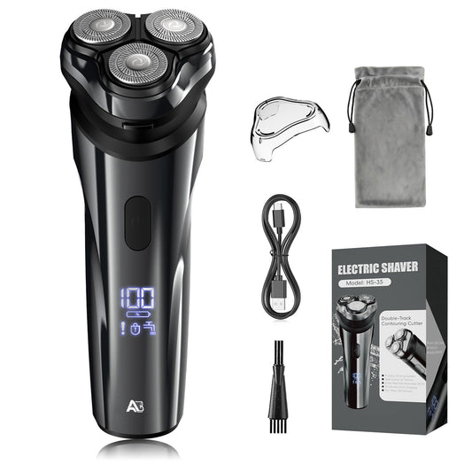 ABGAB Electric Rechargeable Shaver for Men,Wet & Dry Electric Razor, IPX7 Waterproof Rotary Shaver for Men,4D Floating Head, LED Display,Type-C, Travel-Friendly,Black