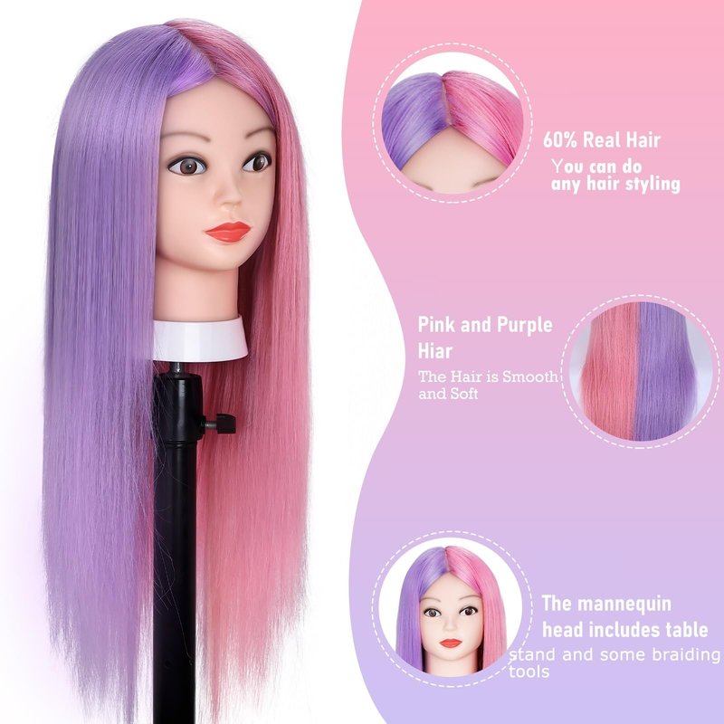 Mannequin Head with 60% Real Human Hair, Beauty star 26" Cosmetology Manikin Head, Doll Head for Hair Styling to Practice on, Hairdressing Training Braiding Heads with Clamp Stand Holder Kit