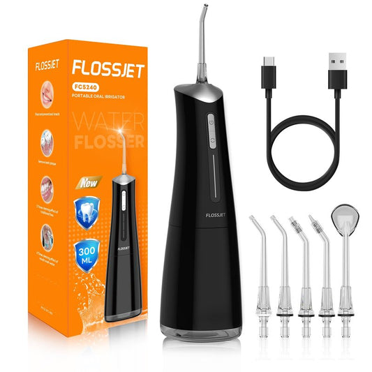 FlossJet Water Dental Flosser Cordless Oral Irrigator with 300ml 5 Tips 4 Modes USB Charger Portable Travel Irrigation Cleaner IPX7 Electric Irrigador Dental for Teeth Cleaning (Black)