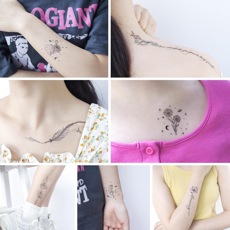 Oottati Waterproof Temporary Tattoo 10 Sheets of Simple Flower Leaf Moon Line Drawing Suit for Back Arm Women and 7 Sheets of Small Flower