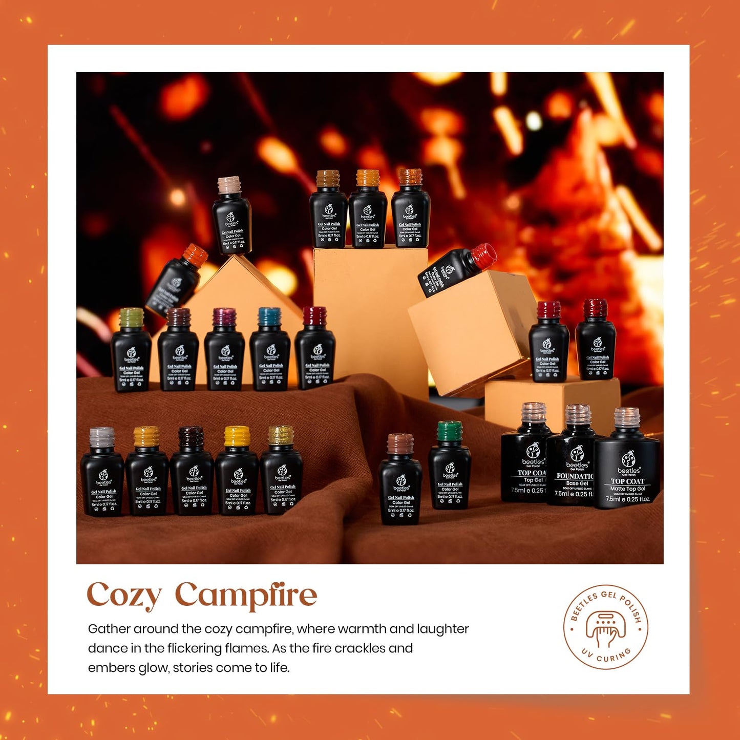 beetles Gel Polish Nail Set 20 Colors Cozy Campfire Collection Orange Green Brown Soak Off Uv Lamp with Beetles Nail Blooming Gel 15ml Clear Uv Led Soak off Nail Gel Diy Nail Art Design Manicure