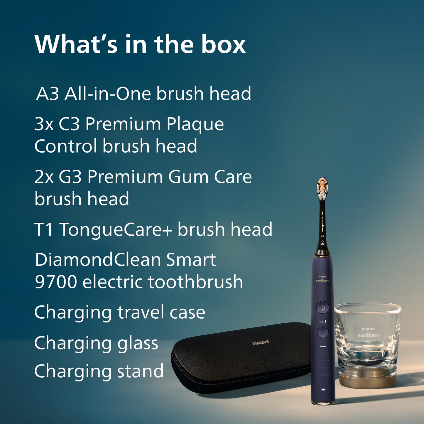 Philips Sonicare DiamondClean Smart 9700 Electric Toothbrush - Sonic Toothbrush with App, Pressure Sensor, 15 Brushing Settings, Replacement Reminder, Charging Travel Case, Lunar Blue, HX9957/71