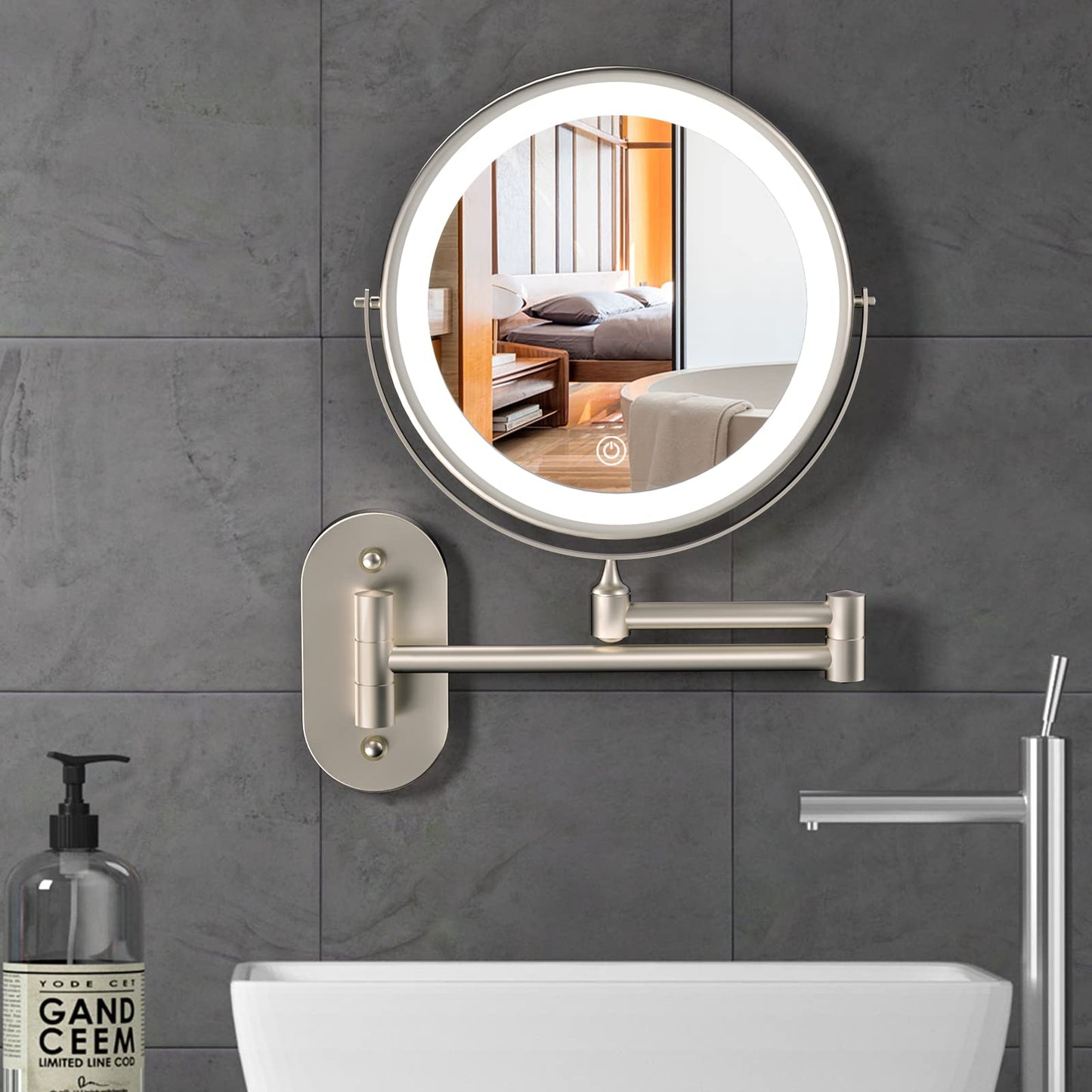 Wall Mounted Makeup Mirror with Lights - 8 Inch Rechargeable Vanity Mirror, 1X/20X Magnifying Dual-Sided, 3 Color Dimmable LED Lights, 4000mAh Battery, Brushed Nickel Finish for Bathroom & Bedroom