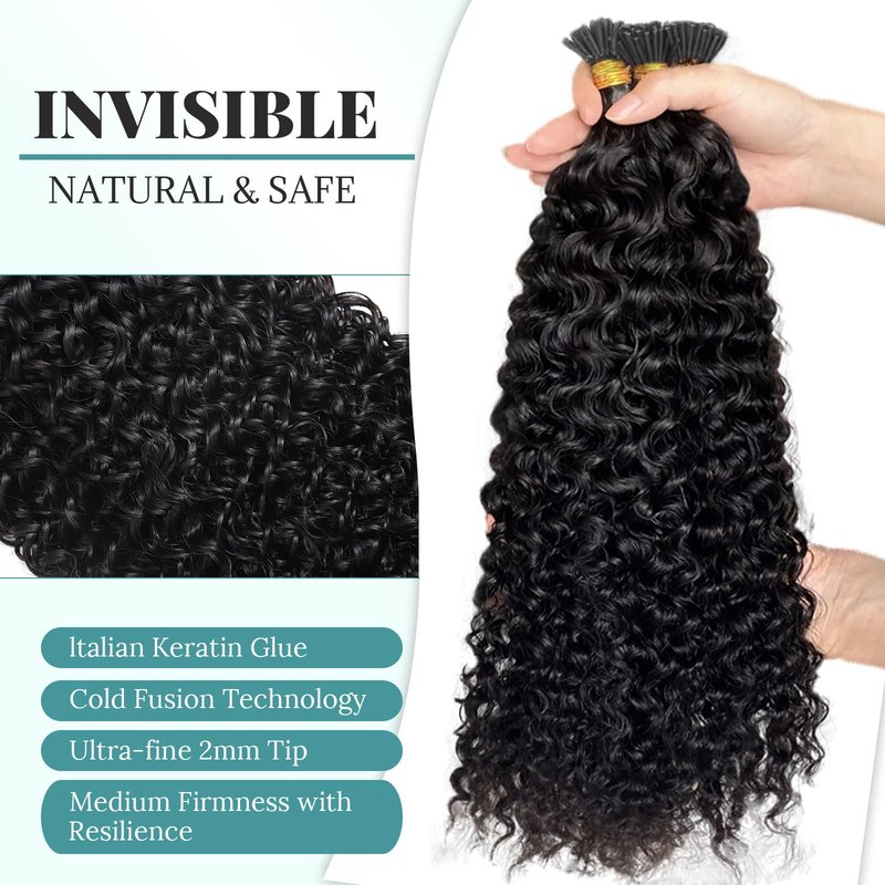 Curly I Tip Pre Bonded Human Hair Extensions Nail Tip Italian Keratin Fushion Hairpiece for Women 100 Strands Per Package Water Wave I Tip Hair Extension 100 Strands/Pack 50g