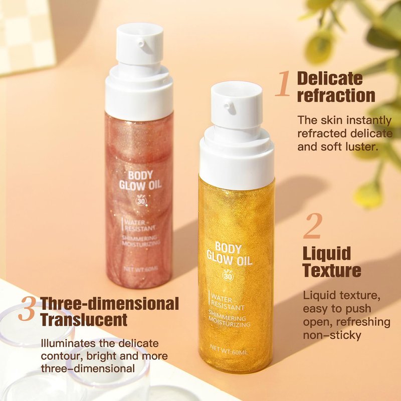 Rose Gold Body Glow Oil - SPF 30 Lightweight Sunscreen & Moisturizer | Quick-Absorbing Shimmer Lotion, 2 oz