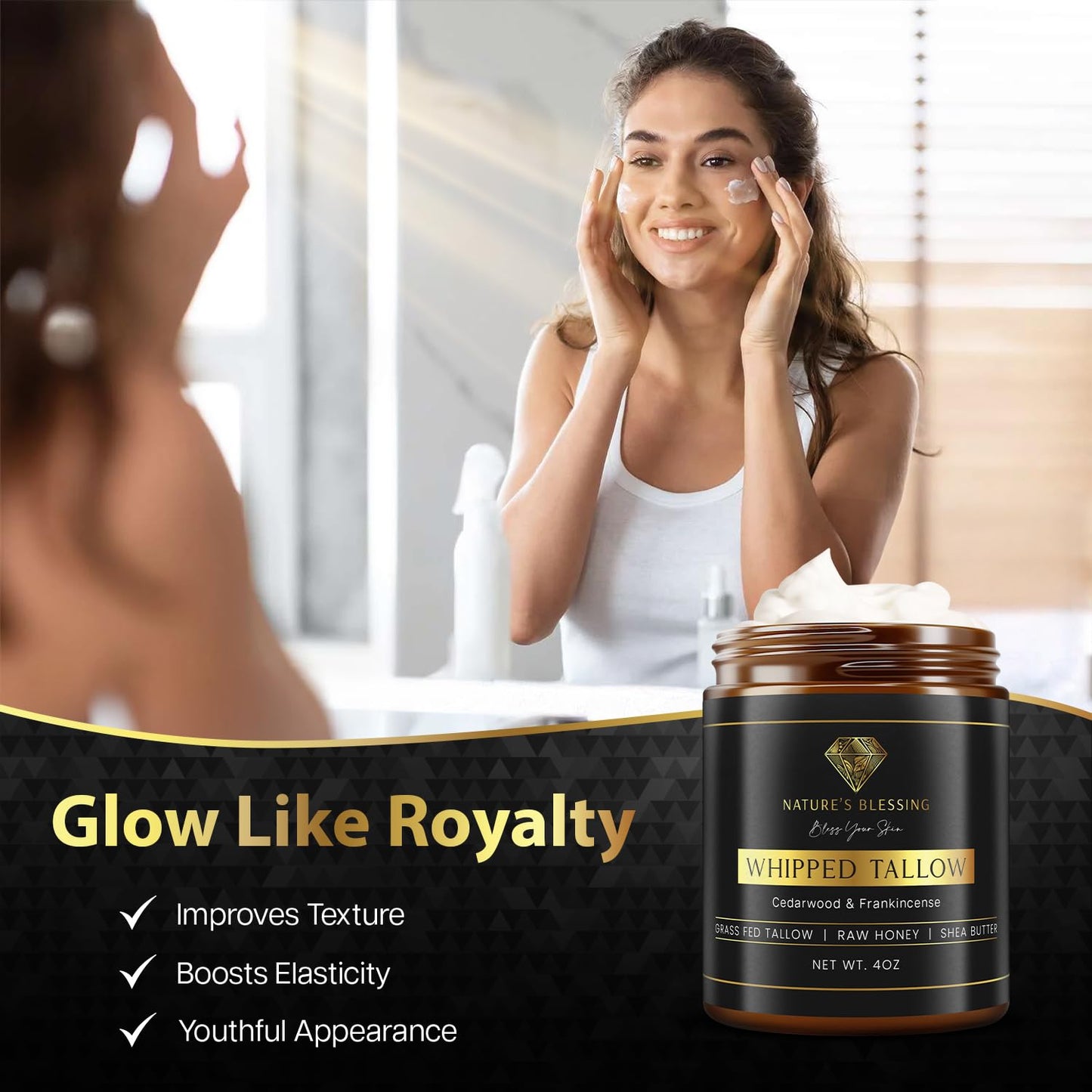 Nature's Blessing Anti-Aging Beef Tallow Cream for Fine Lines & Wrinkles | Collagen Booster Infused w/Organic Honey & Shea Butter | Deep Hydration for Youthful Glow (4oz, Cedarwood & Frankincense)