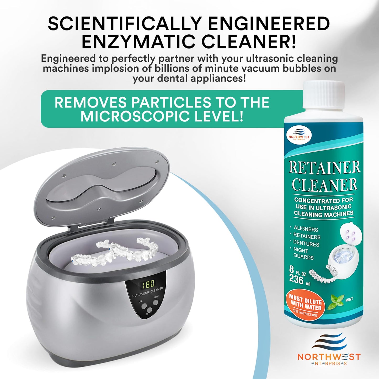 Ultrasonic Retainer Cleaner Solution Concentrate - Ultrasonic Denture Cleaner for Ultrasonic Machines - Cleans Mouthguards, Invisalign, and Nightguards - Updated Formula (Mint) (32 Ounces)