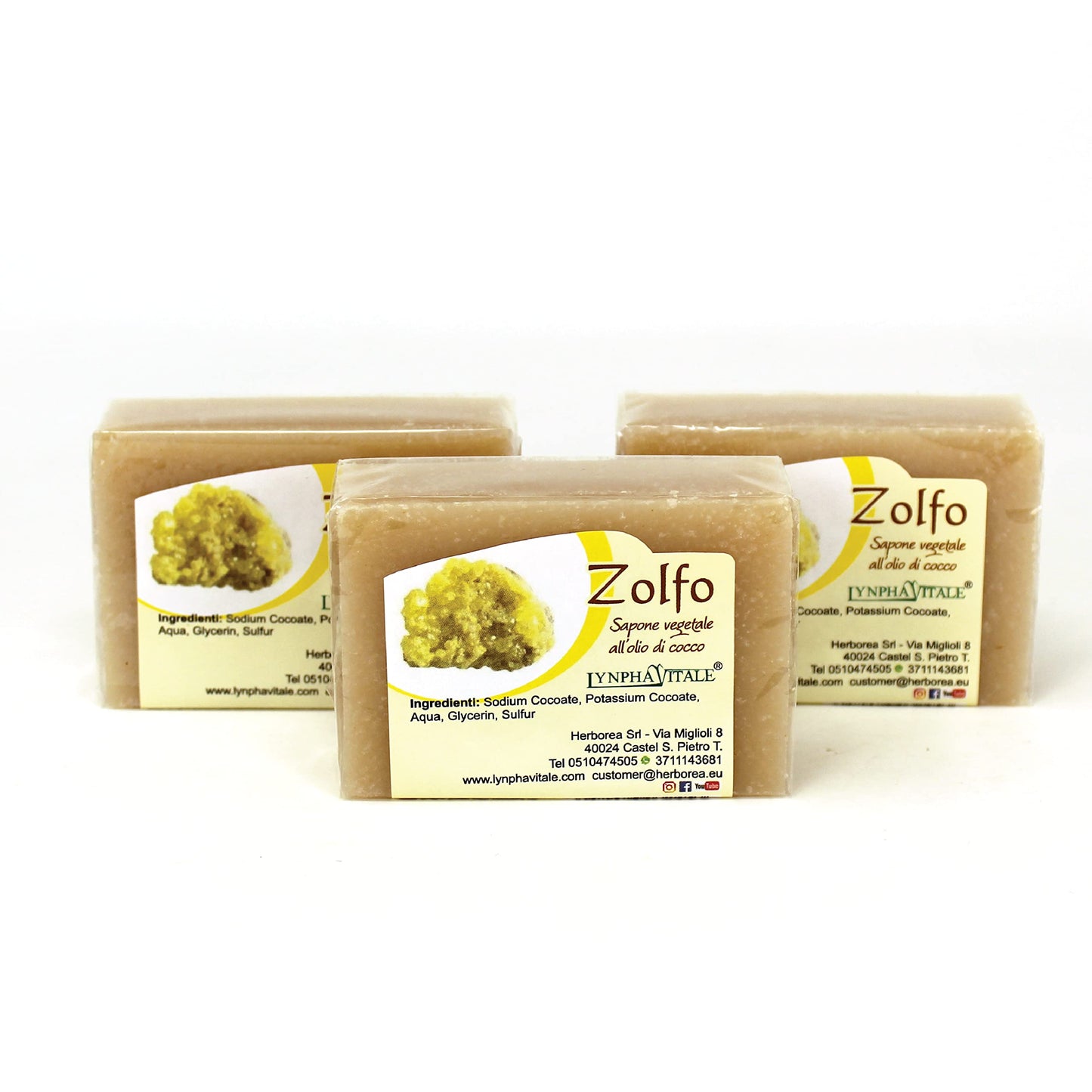 LYNPHA VITALE Sulfur Soap Bar - 100% Handmade Natural Bar Soap with Coconut Oil - Sulphur Soap ideal to Nourish and Heal Oily Skins - 3,5 oz - 3 Soaps Pack
