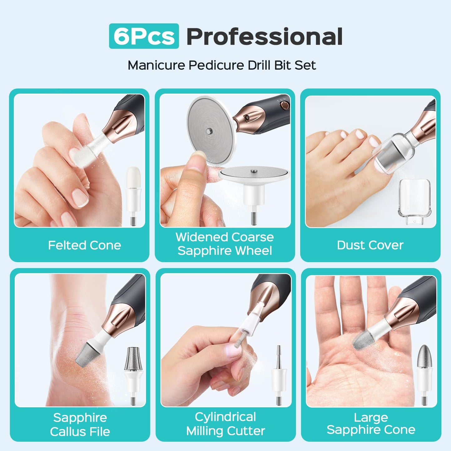 COSLUS C43 Professional Manicure Pedicure Kit, 5-in-1 Electric Nail File for Toenail Hand Feet, Basic & Thick Nails Care, Cordless, 5 Speeds, for Men Women Seniors Home Salon, Wider Grinder, Gray