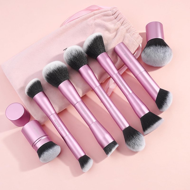 MAANGE 7pcs Makeup Brush Set Double Sided Kabuki Makeup Brushes Contour Brush for Foundation Liquid Powder Concealer Cream Cosmetics Bronzer Blending Blush Buffing Makeup Tools (Pink)