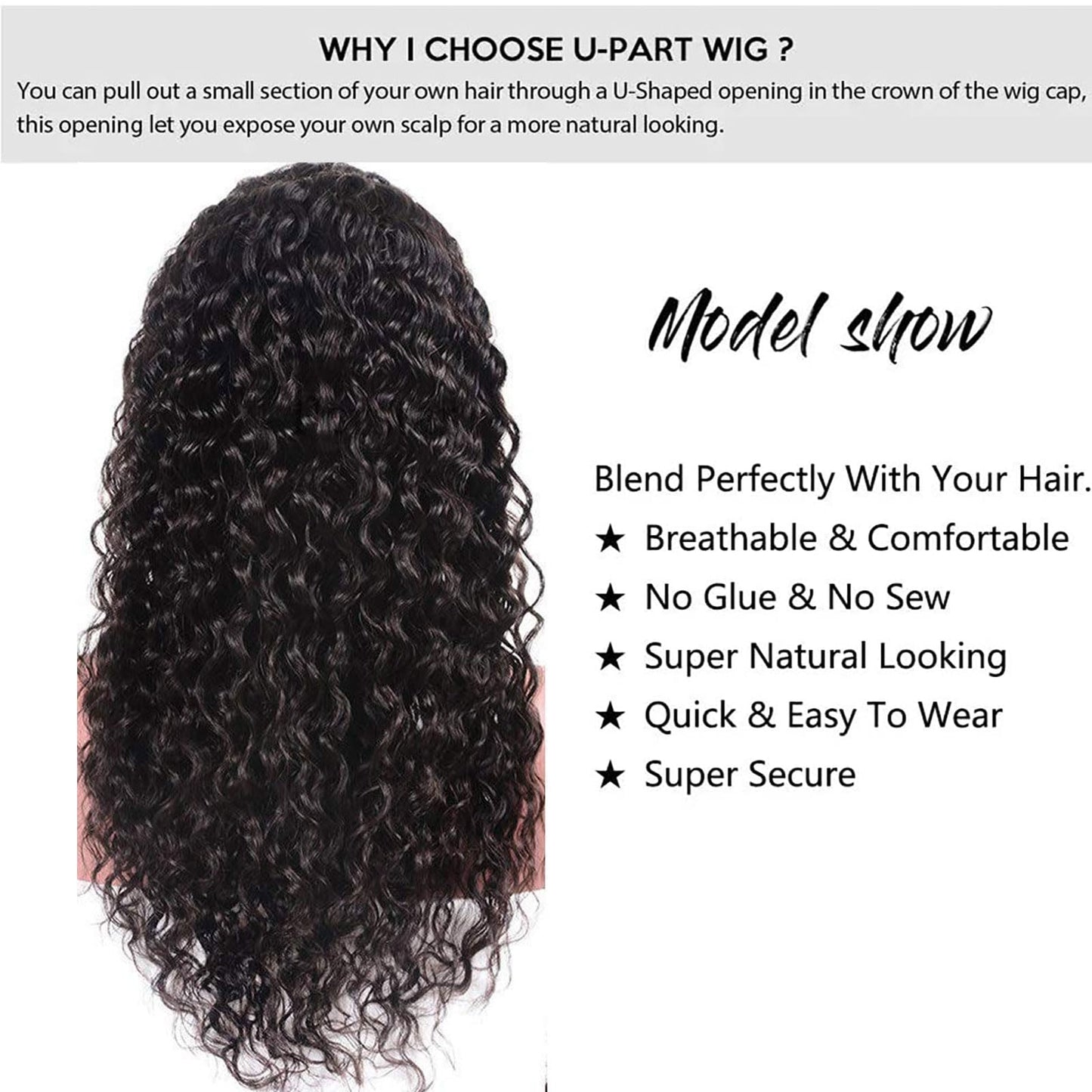 huarisi Water Wave U Part Wig Human Hair for Women 100% Unprocessed Brazilian Virgin Curly Upart Wig Human Hair Wigs 150% Density Natural Color (14 Inch)