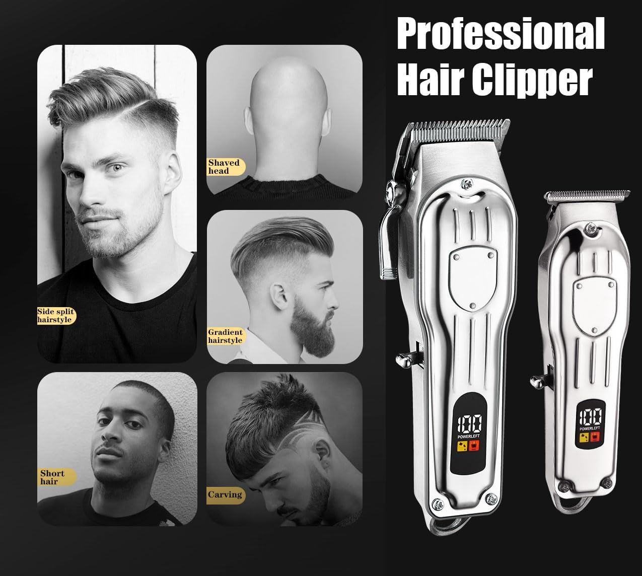 Professional Hair Clippers for Men - Cordless Hair Trimmer Kit with LCD Display | Rechargeable Silver Hair Cutting Set