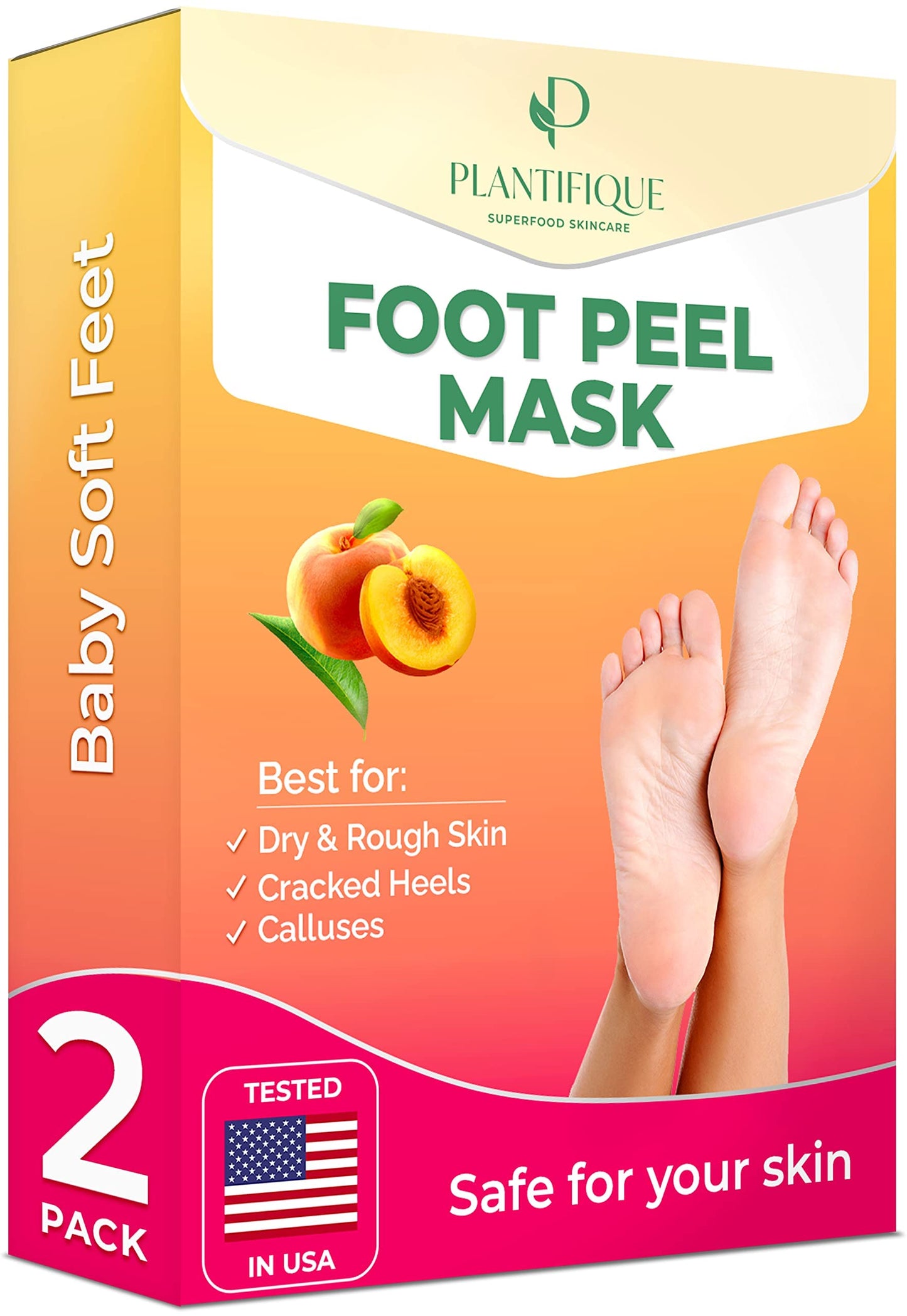 PLANTIFIQUE Foot Peel Mask with Peach 2 Pack and Hydrating Foot Mask for Dry & Cracked Feet