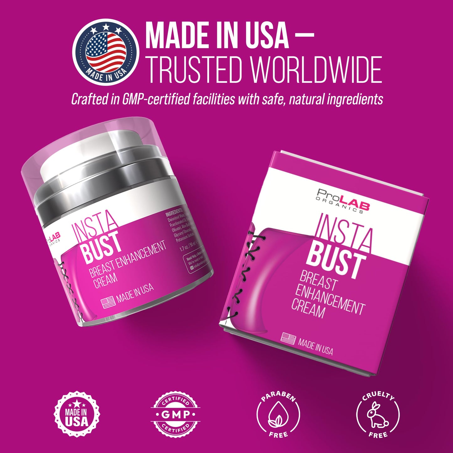 ProLab Organics InstaBust Breast Enhancement Cream – Bust Firming & Lifting Formula for Fuller, Rounder, Bigger Breasts – Volume Boosting Topical – Made in USA