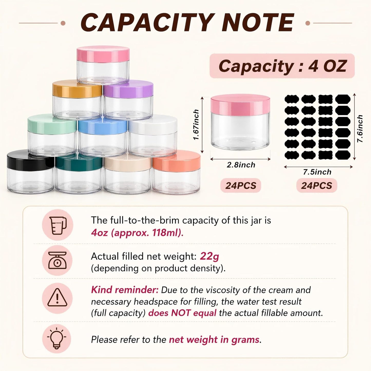 Dandat 24 Pcs 2/4/6/8/10/12oz Plastic Clear Jar Container with Rose Gold Lid and Label, Empty Round PET Cosmetic Jars for Lotion, Cream, Body Butter, Makeup (4oz, Clear Jar with Rose Gold Lid)