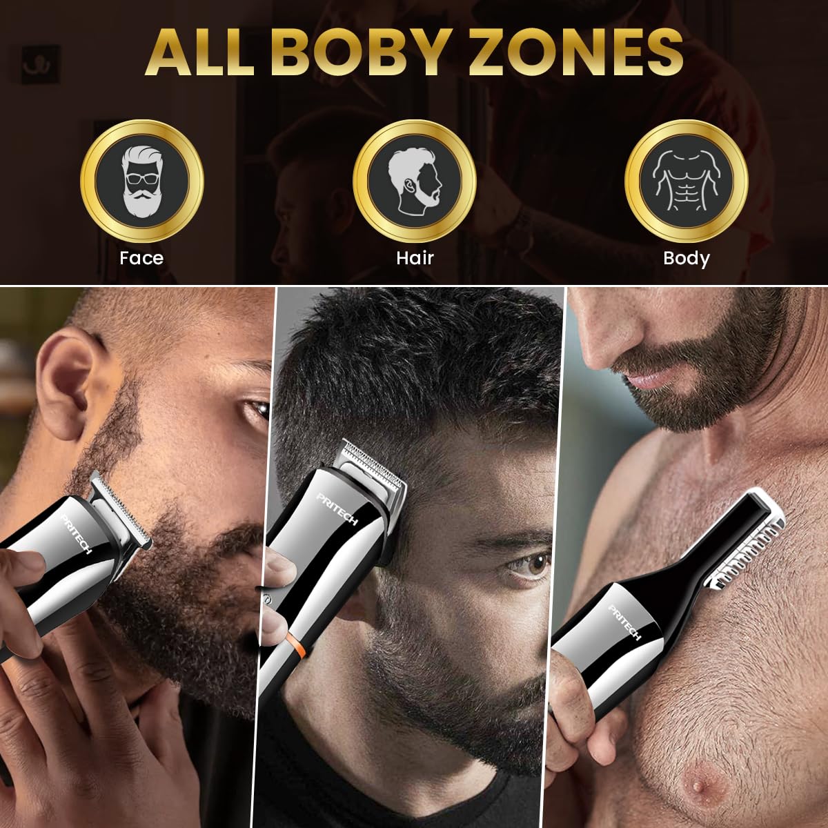PRITECH Beard Trimmer for Men – 6-in-1 Cordless Grooming Kit, IPX6 Waterproof Wet & Dry with Foil Shaver & Nose Trimmer, USB-C Rechargeable 90min Runtime, Home Travel Use (Silver)