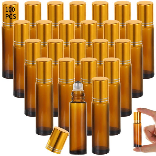 100 PCS 10 ml Amber Roller Bottles for Essential Oils - Empty Brown Glass Bottle, Refillable Roll on, Portable Travel Perfume Leakproof With Stainless Steel Ball