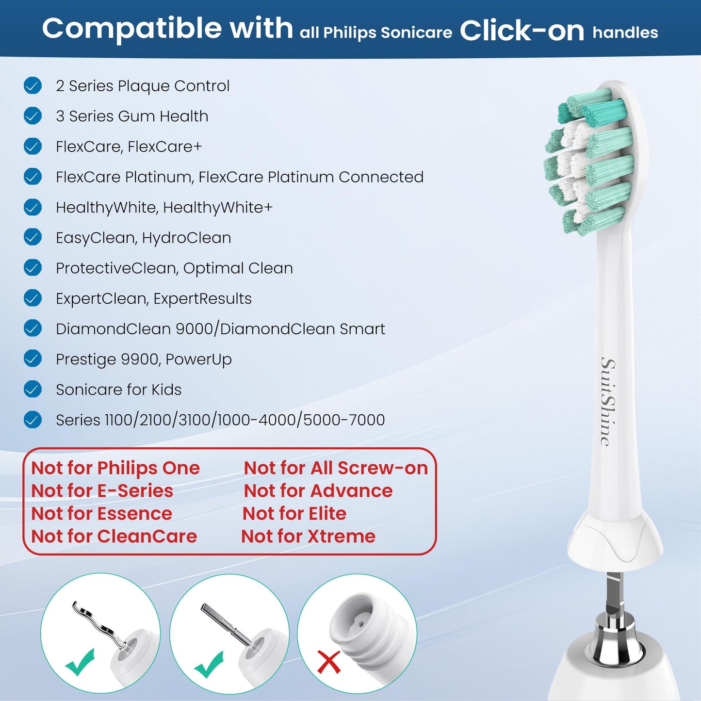 SuitShine Replacement Toothbrush Heads Compatible with Philips Sonicare and More Click-on Handles