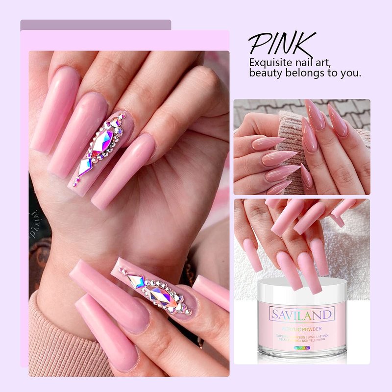 Saviland Pink Acrylic Powder: 30g Professional Colored Acrylic Nail Powder Polymer for French Manicure DIY Nail Art Extension 3D Carving, Long Lasting No Need Nail Lamp