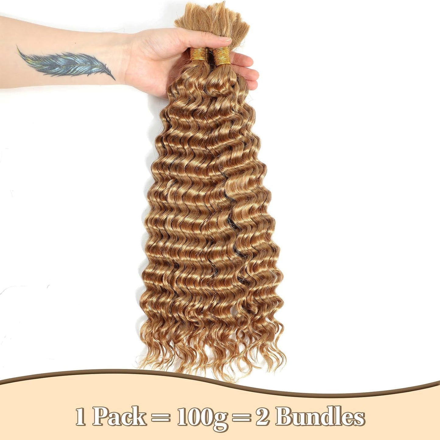 Xddnamei Deep Wave Human Braiding Hair 2 Bundles Total 100g 18 Inch 27# Honey Blonde Braiding Human Hair Brazilian Virgin Hair Bundles for Boho Braids