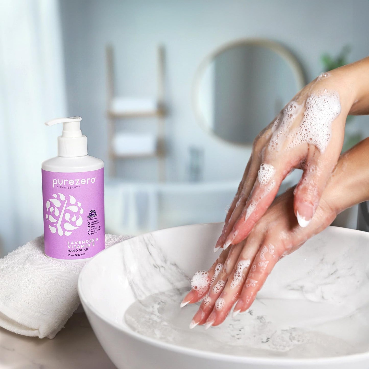 Purezero Lavender & Vitamin E Hand Soap Soothing & Hydrating, Paraben-Free & Vegan Liquid Hand Wash for Bathroom or Kitchen, USA-Made, Cruelty-Free, 10 ounces (3 Pack)