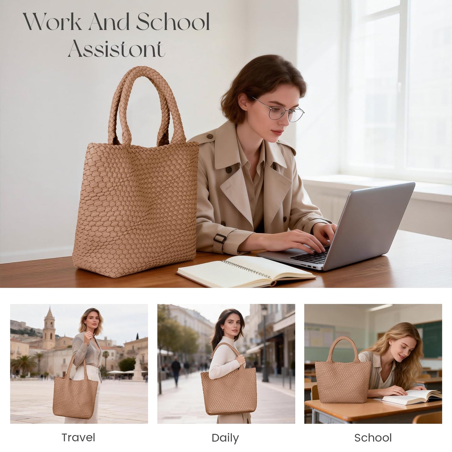 Woven Leather Shoulder Bag Slouchy Luxury Trendy Lightweight Large Purses Satchel Work and Beach Bags for Women