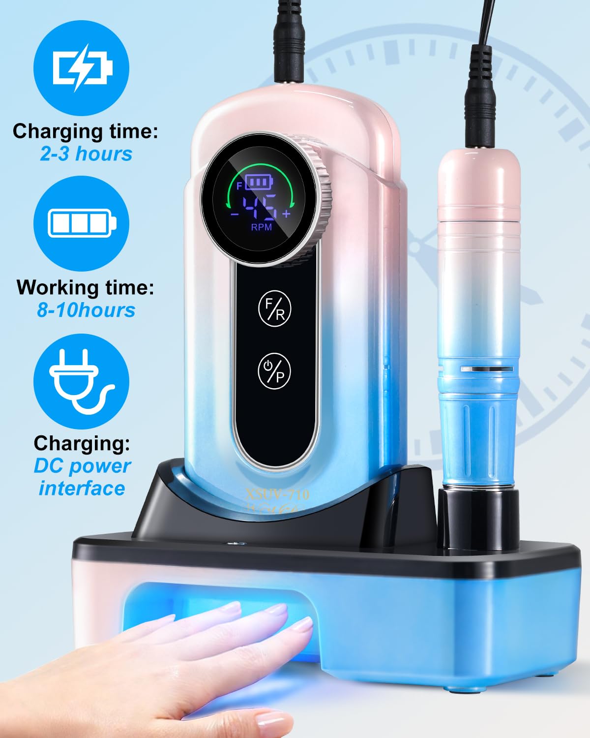 Professional Electric Nail Drill Kit - 45000RPM Cordless Rechargeable Efile for Acrylic & Gel Nails | Gradient Blue