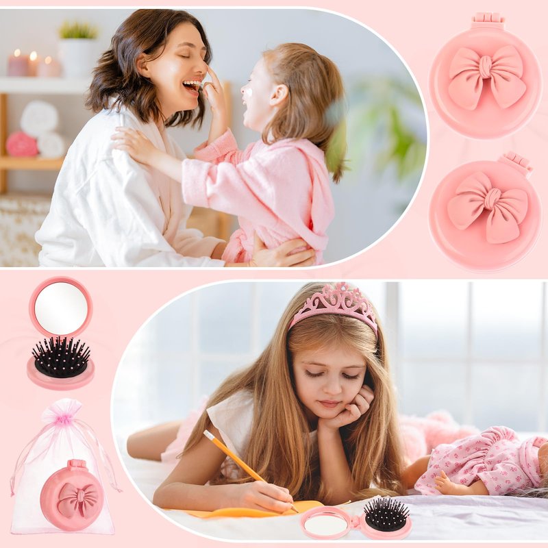 XEQWZVFR 20Sets Pink Bow Party Favors Pink Coquette Bow Mini Hair Brushes Folding Mirror Coquette Detangler Brush Round Compact Massage Scalp Comb with Organza Bags for Women Travel Team Gifts