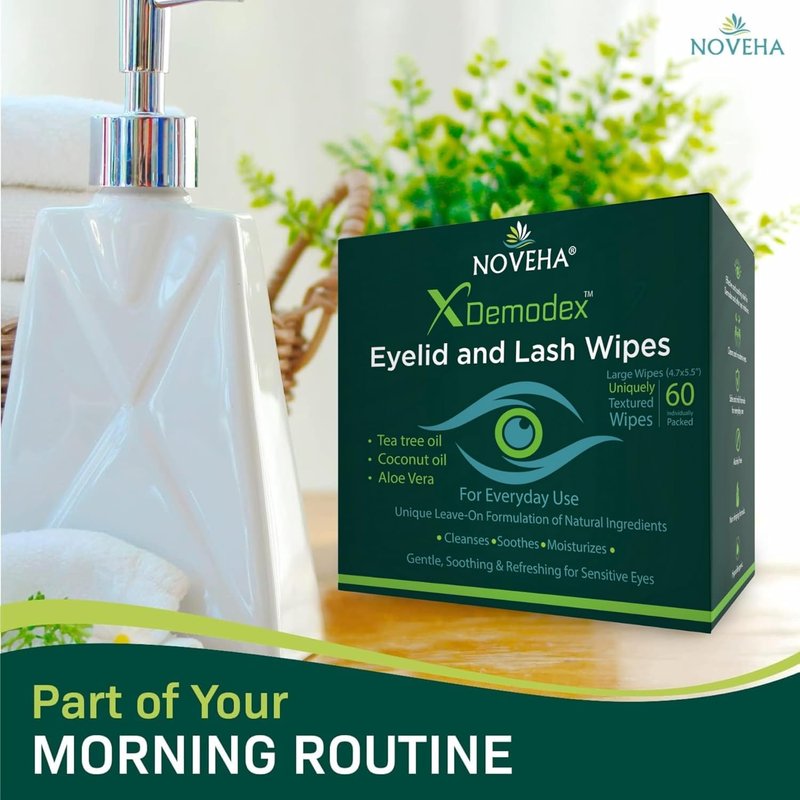 NOVEHA Demodex Eyelid & Lash Wipes - Extra Strength Cleansing Wipes for Irritated Eyes | 60 Individually Wrapped Wipes (Pack of 2)