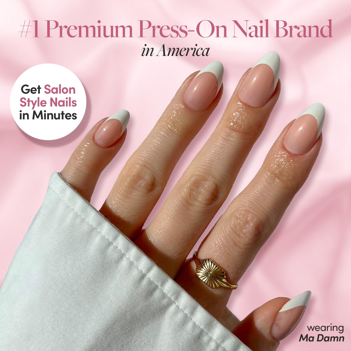 Glamnetic Press On Nails & Brush On Nail Glue Bundle - All Time Love | Short Almond Fake Nails with French Tips and Leaf Accents | 15 Sizes - 30 Nail Kit with Glue | Reusable, Salon-Quality Fake Nail