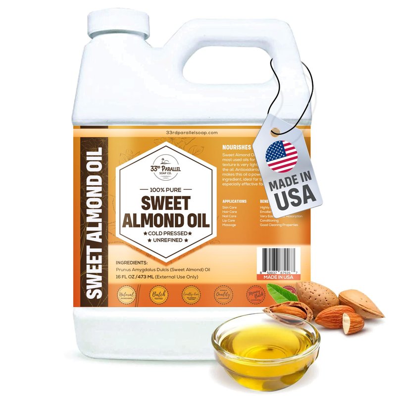 ORGANIC SWEET ALMOND OIL (16 oz) Premium Cold Pressed Unrefined | 100% Pure Sweet Almond Oil for Skin, Face, Hair, Soap Making | Carrier for Essential Oils | Available in Bulk | 16 FL OZ