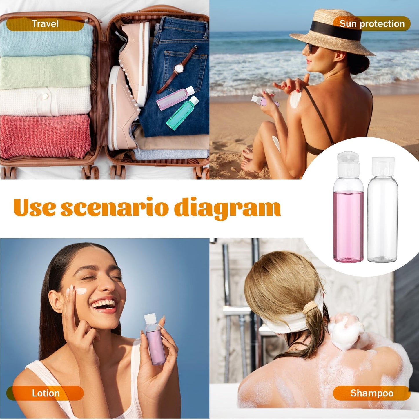 Dimeho 100 Pcs Travel Bottles, 2 oz Plastic Bottles with Flip Cap TSA Approved Leak Proof Empty Refillable Travel Size Cover Cap Portable Dispensing Squeeze Containers for Toiletries Travels Liquid