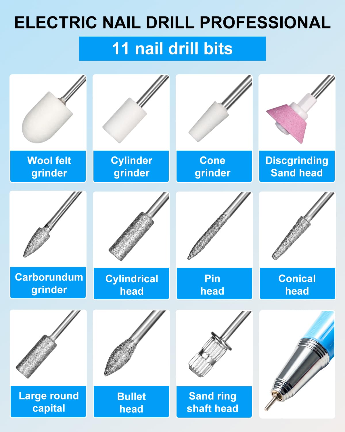 Professional Electric Nail Drill Kit - 45000RPM Cordless Rechargeable Efile for Acrylic & Gel Nails | Gradient Blue