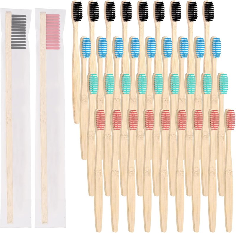 Bamboo Toothbrushes - 200 Pcs Soft Bristles Manual Teeth Brushes | Eco-Friendly Travel Set (Black, Pink, Green, Blue)