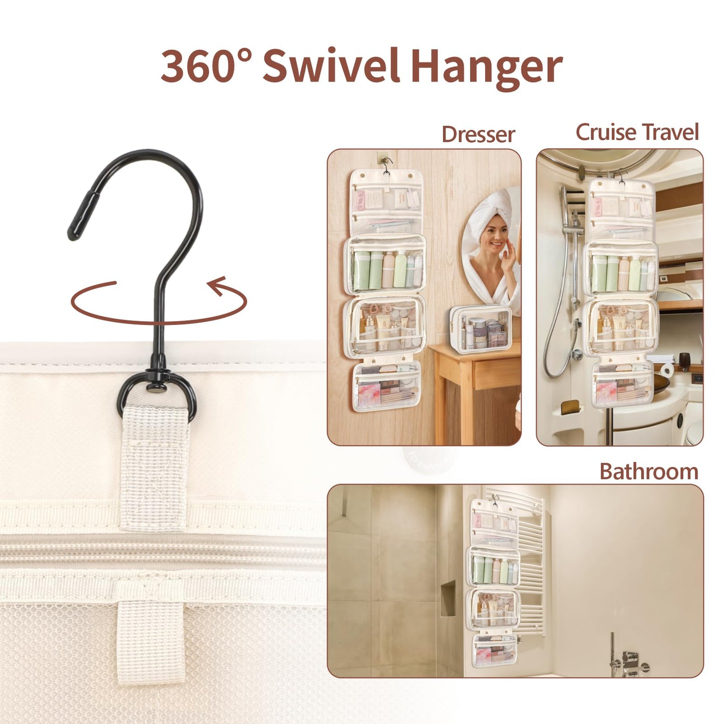 PACKISM Hanging Travel Toiletry Bag - with Clear Makeup Bag, Large Beige