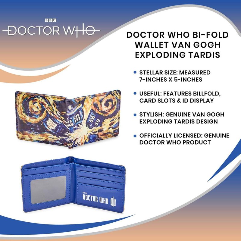 Doctor Who Bi-Fold Wallet Van Gogh Exploding TARDIS - Vinyl Men's Novelty Pocket Storage With Billfold, Card Slots & Clear ID Display - Features Bold Iconic Artwork Design - Bigger on the Inside!