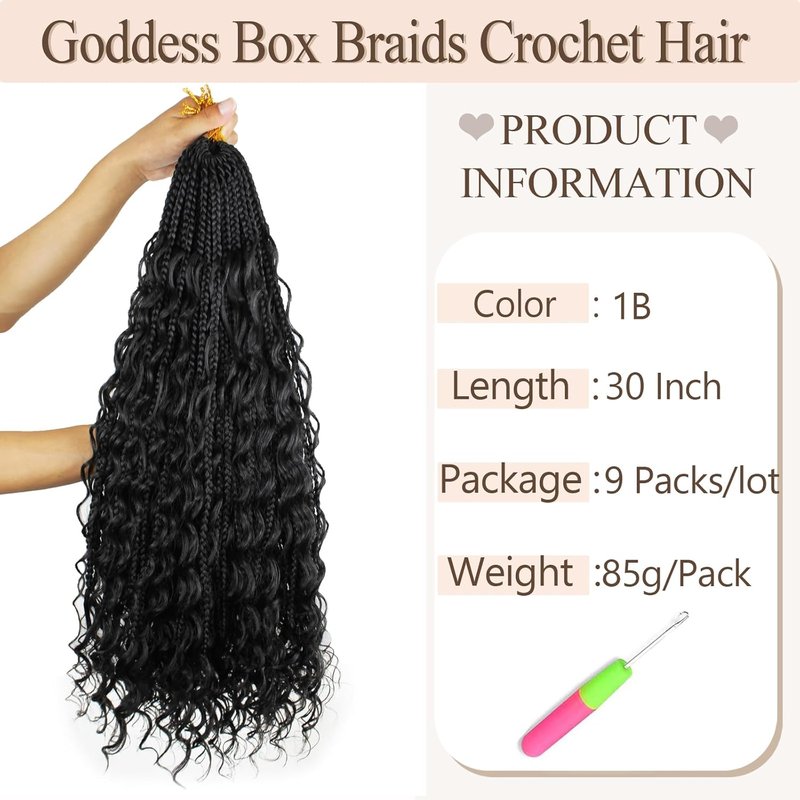 Vustbeauty 30 Inch Boho Box Braids - Synthetic Crochet Hair Extensions with Curly Ends | 9 Packs, Color 1B